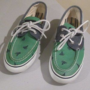 Sperry Preppy Topsider Boat Shoes Green with Blue Sail Boats sz 6 M